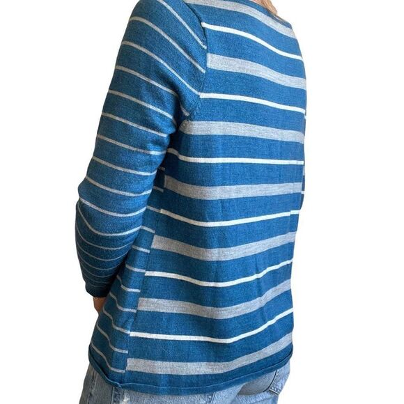 Smartwool Womens Blue Gray Striped Merino Wool V Neck Lightweight Sweater Sz L - Picture 2 of 7